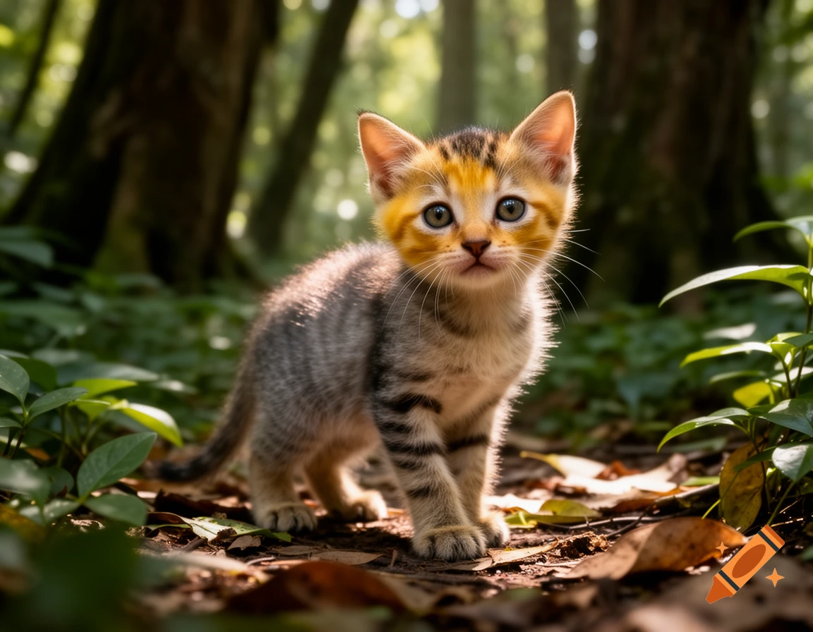 A small, cute tabby kitten with orange and gray fur stands on a forest floor, looking directly at the viewer.