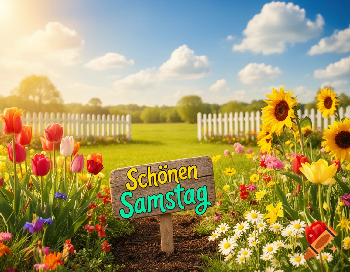 Photorealistic image of a sunny field filled with colorful flowers like tulips and sunflowers, a white picket fence, and a blue sky, with a wooden sign reading "Schönen Samstag".