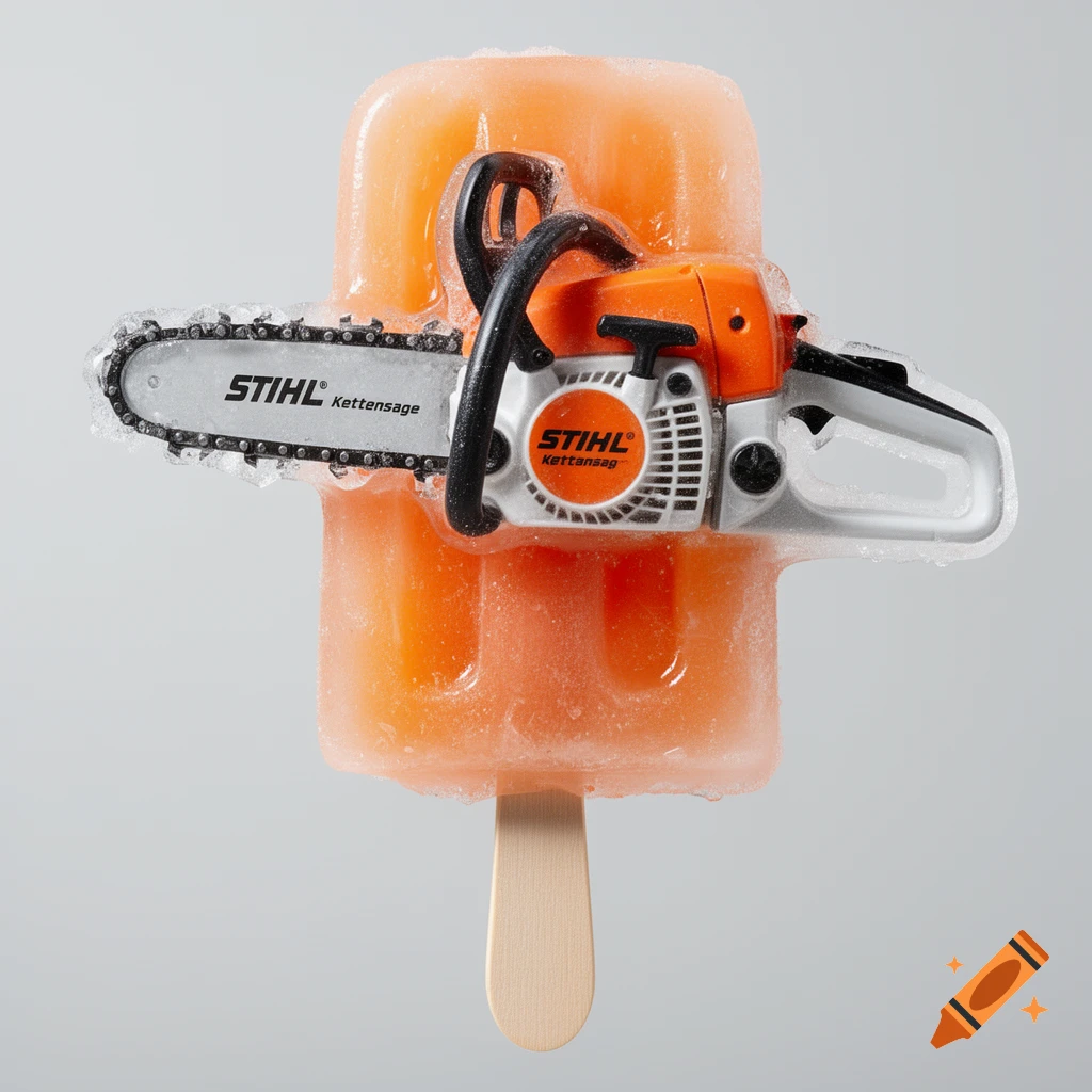 A photorealistic image of an orange popsicle with a small STIHL chainsaw frozen horizontally through its middle, on a light grey background.