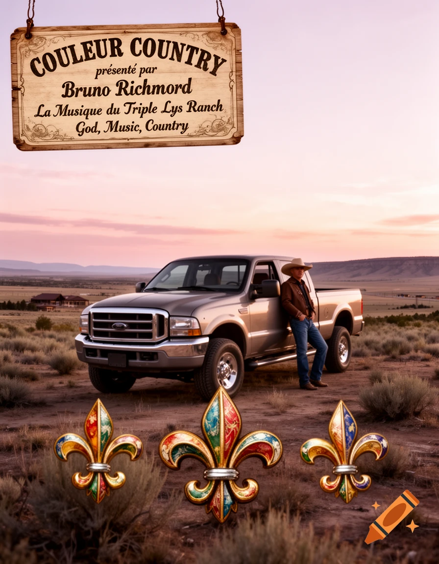 A cowboy leans on a pickup truck in a country landscape at sunset, with a sign reading 'Couleur Country' and three fleur-de-lys.