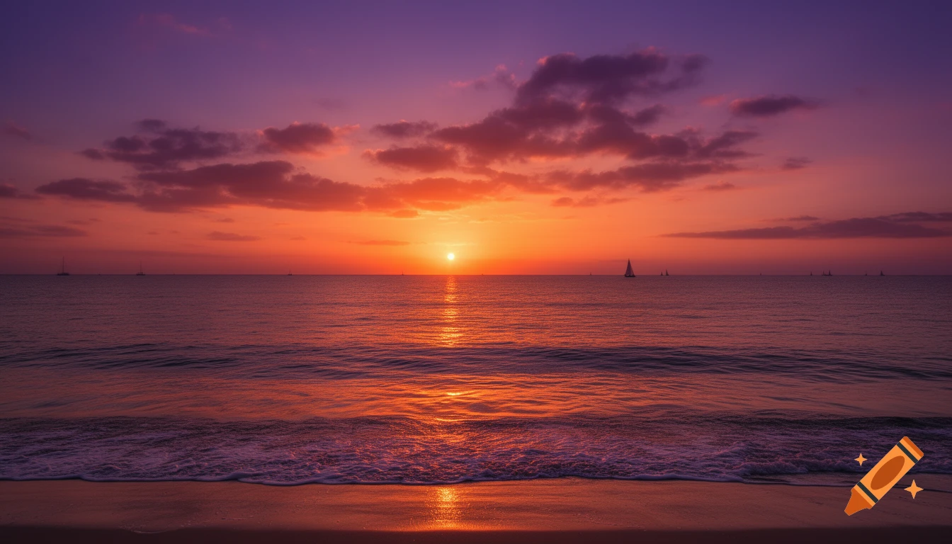Photorealistic image of a vibrant purple and orange sunset over a calm ocean with sailboats, viewed from a sandy beach.