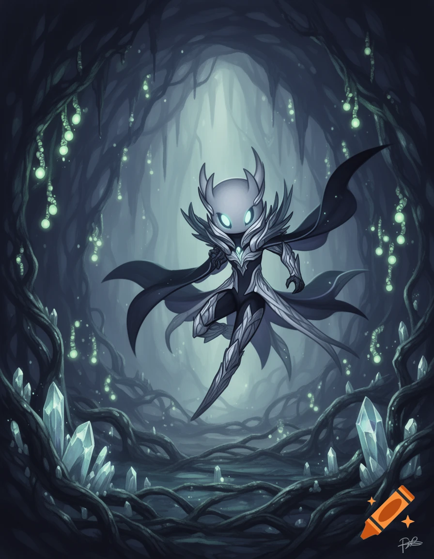 Lace, a bug-like knight, floats in a dark fantasy cave filled with glowing green flora and light blue crystals.