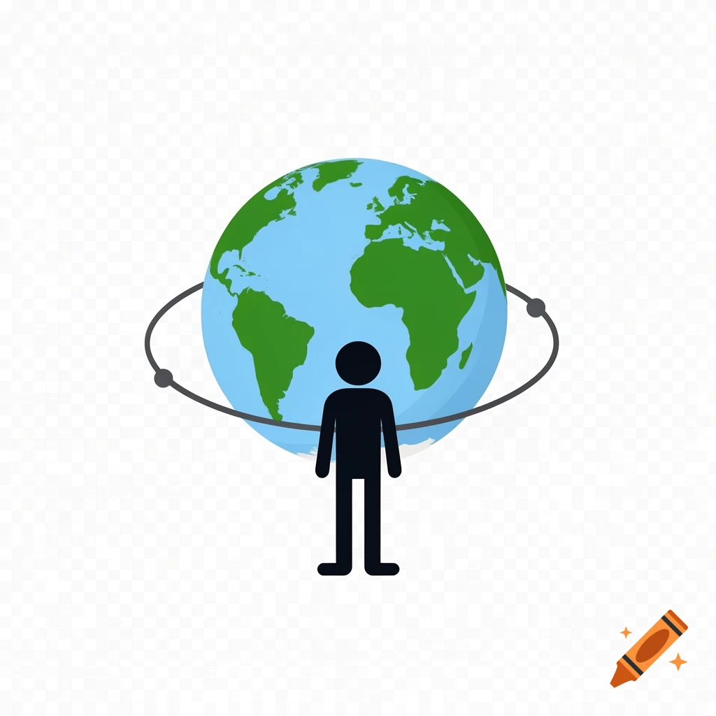 A simple black stick figure stands in front of a blue and green globe with a black orbital ring.