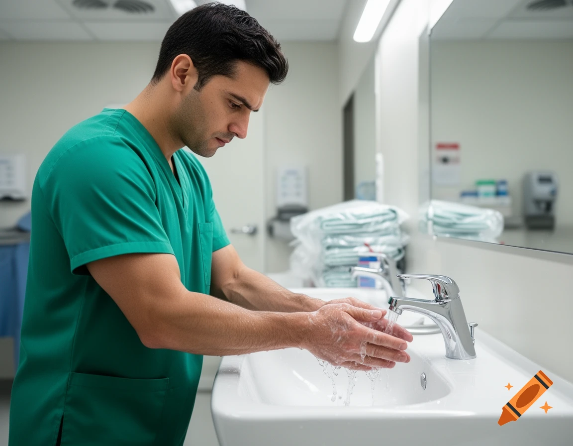 A male surgeon in green scrubs meticulously washes his hands at a white sink in a brightly lit medical facility.