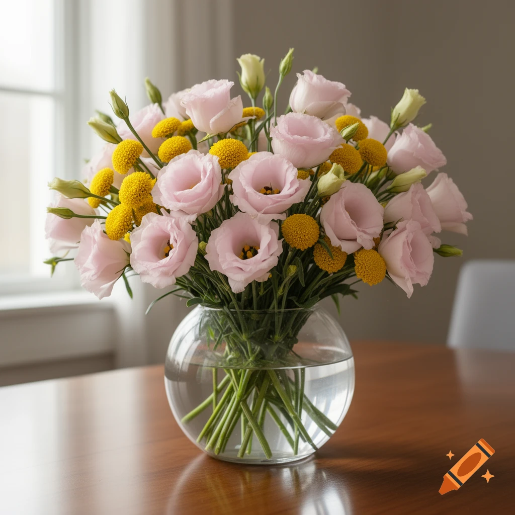 A photorealistic bouquet of light pink lysianthus and yellow santinini flowers in a clear glass vase on a wooden table.