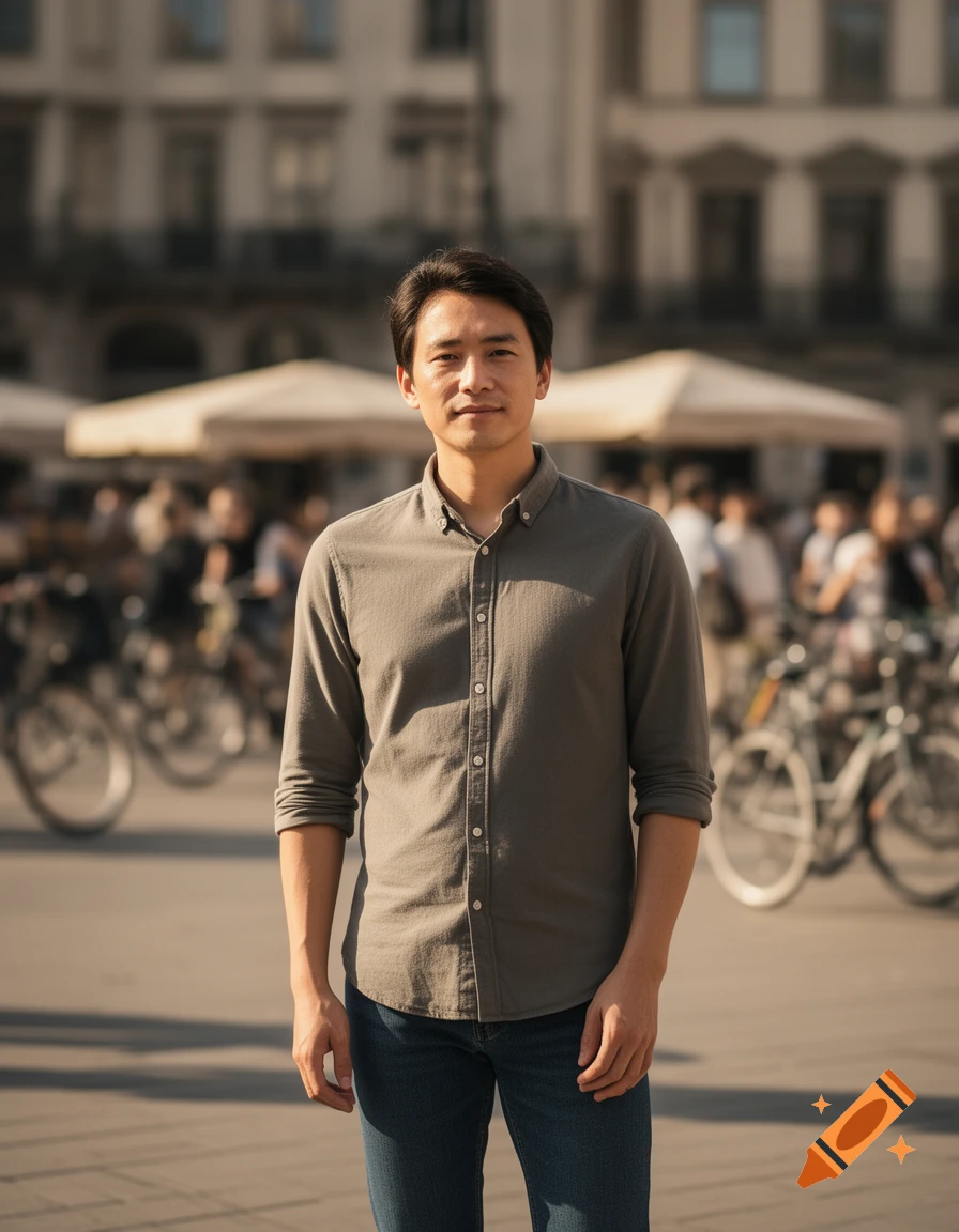 A man in a grey shirt and jeans stands looking at the camera in a sunny city square with blurred buildings and bicycles.