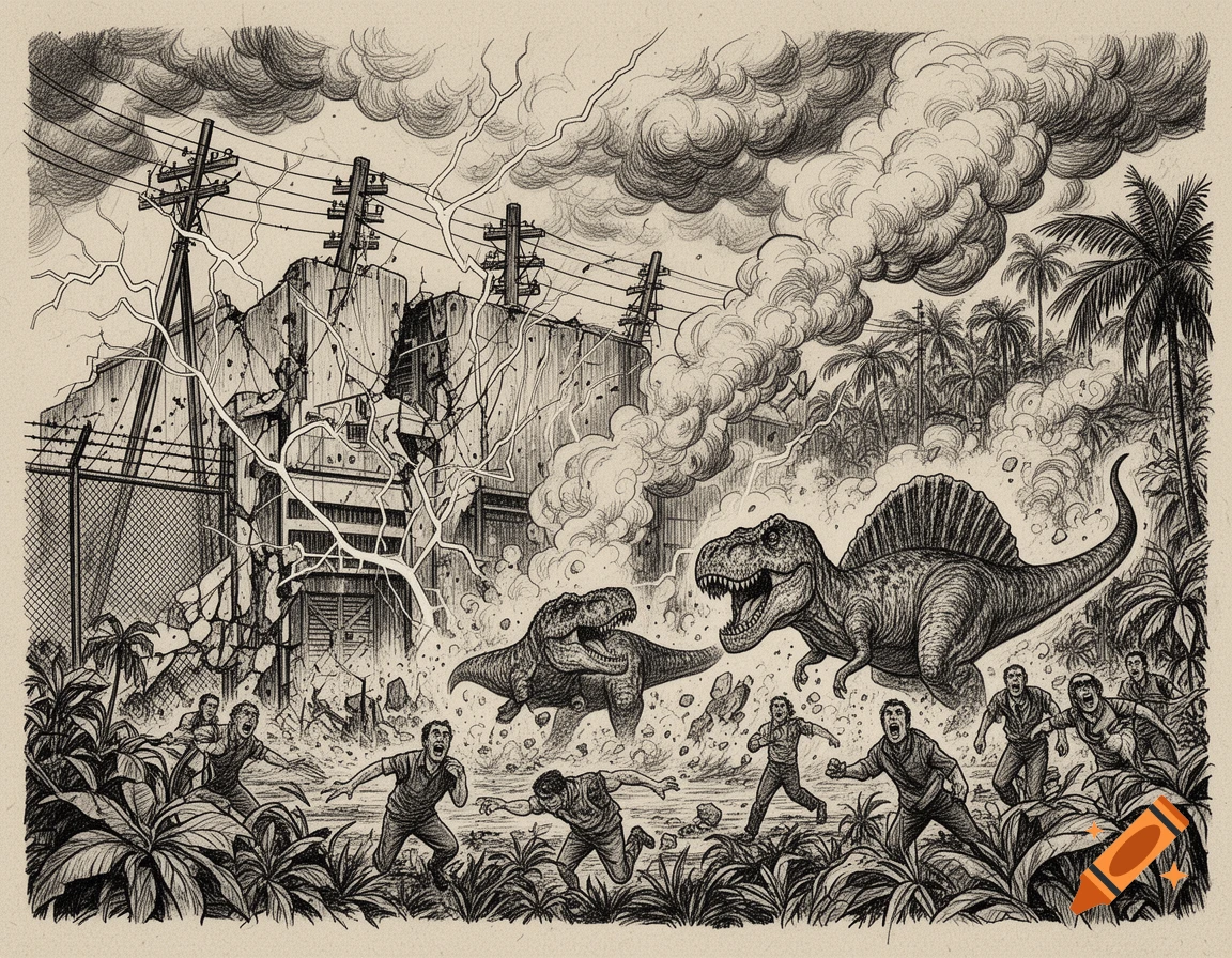 Black and white ink drawing of two dinosaurs escaping a collapsing facility into a dense jungle as humans run in panic under storm clouds.