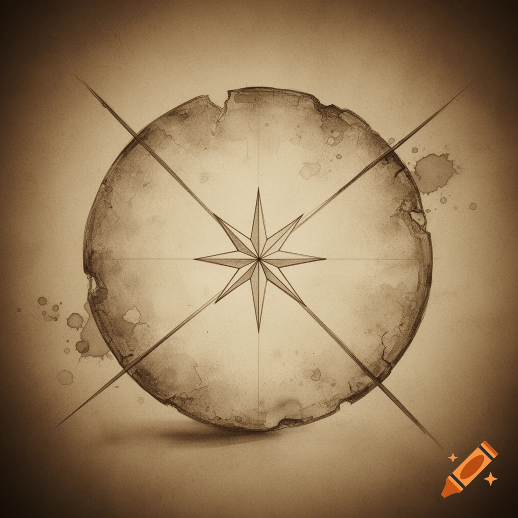 An ancient sepia-toned drawing of an incomplete circle with a central eight-pointed star and crossing lines, featuring a stained texture.