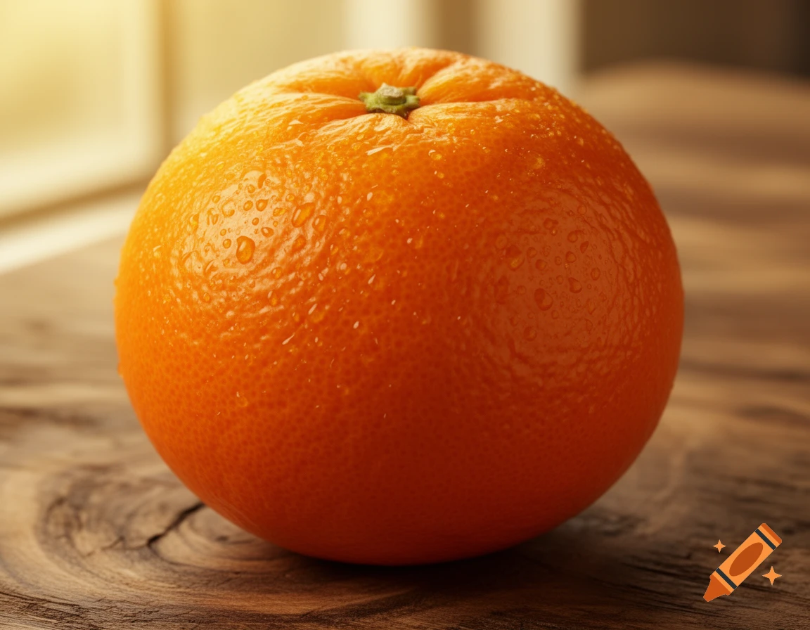 A close-up, photorealistic shot of a wet, ripe orange with a small stem on a rustic wooden surface, illuminated by soft sunlight.