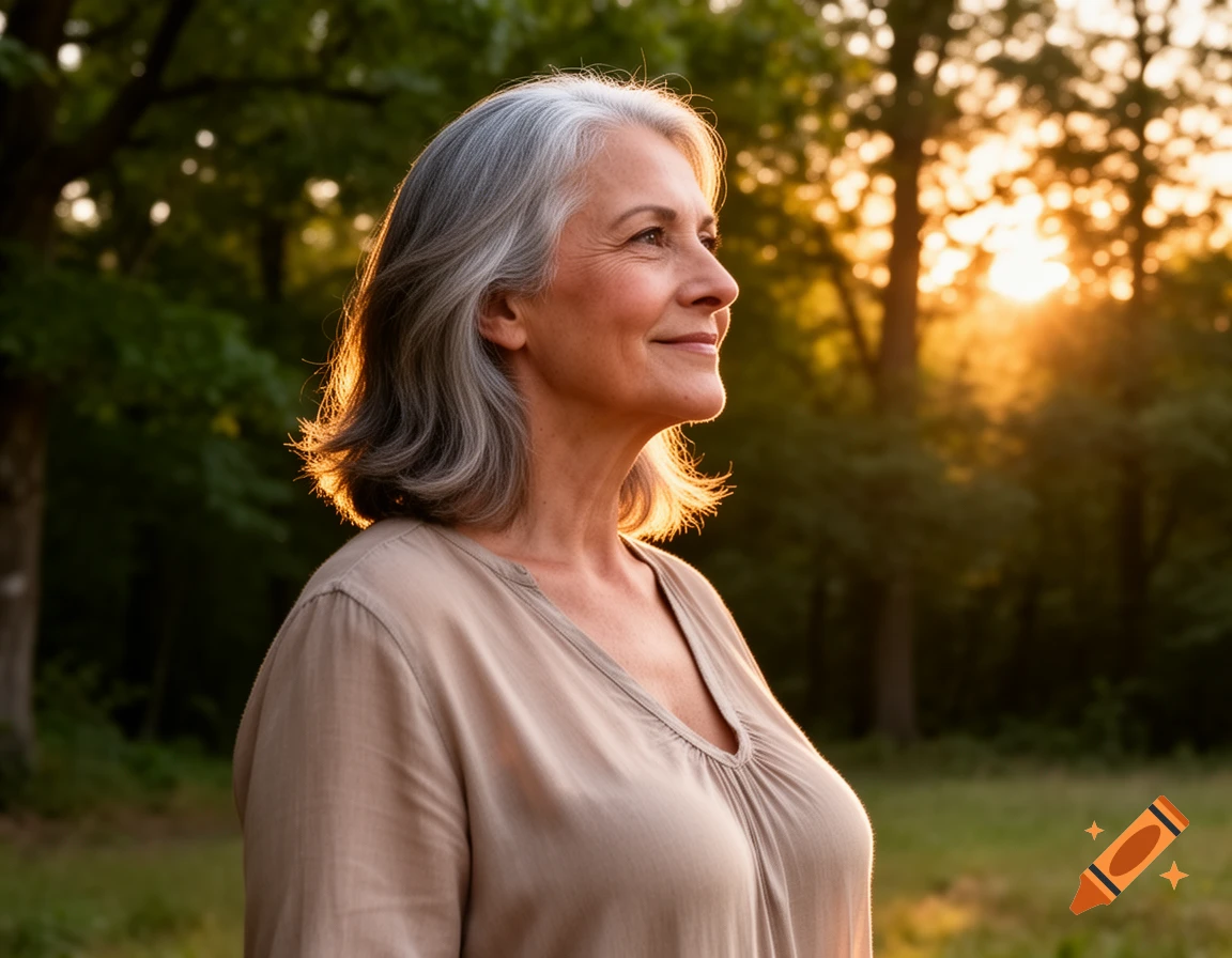 A smiling older woman with grey hair looks right, her hair lit by warm golden hour sunlight in a lush forest.