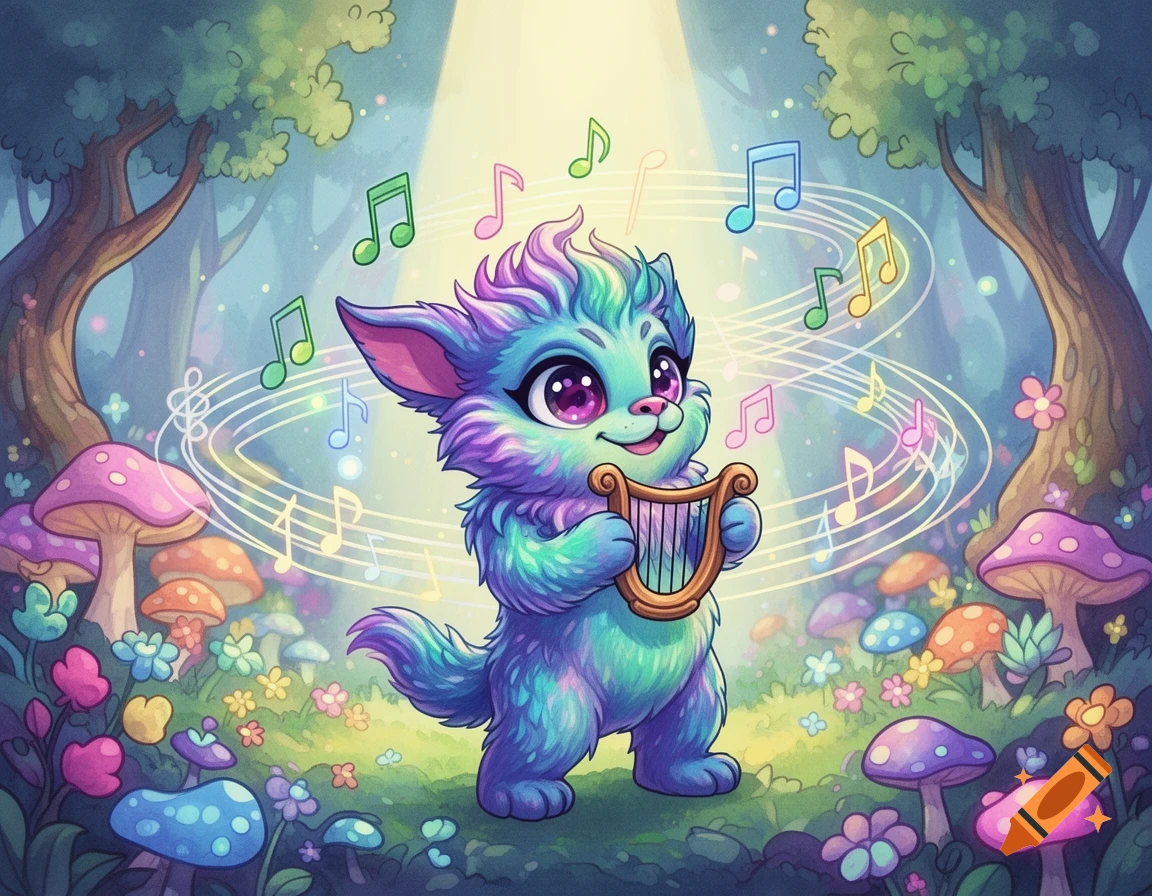 A colorful, fluffy, whimsical creature with big eyes plays a golden harp amidst glowing musical notes in a magical mushroom forest.