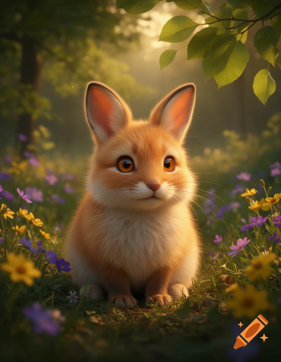 A small, fluffy, orange and white fox kit with big eyes sits in a field of purple and yellow wildflowers, dappled in sunlight.