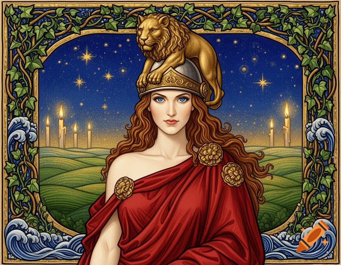 An art nouveau illustration of a woman resembling Britannia, wearing a lion helmet and red drape, framed by vines and waves, with a starry night and candles.