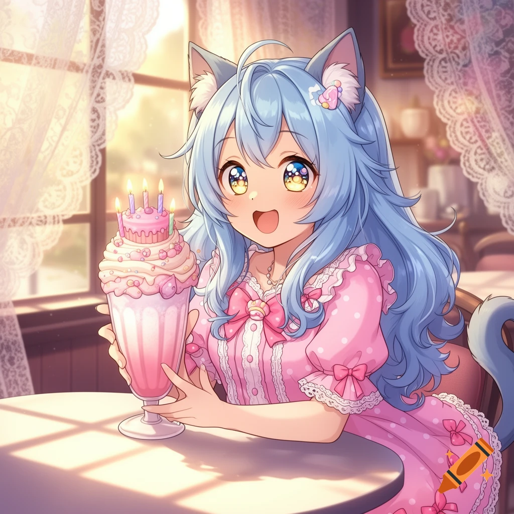 An anime cat girl with blue hair in a pink dress smiles while holding a large pink milkshake topped with a small cake and candles.