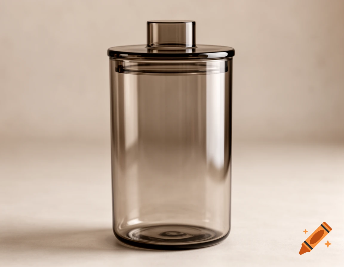 A photorealistic cylindrical smoke-colored glass container with a matching lid sits on a neutral background.
