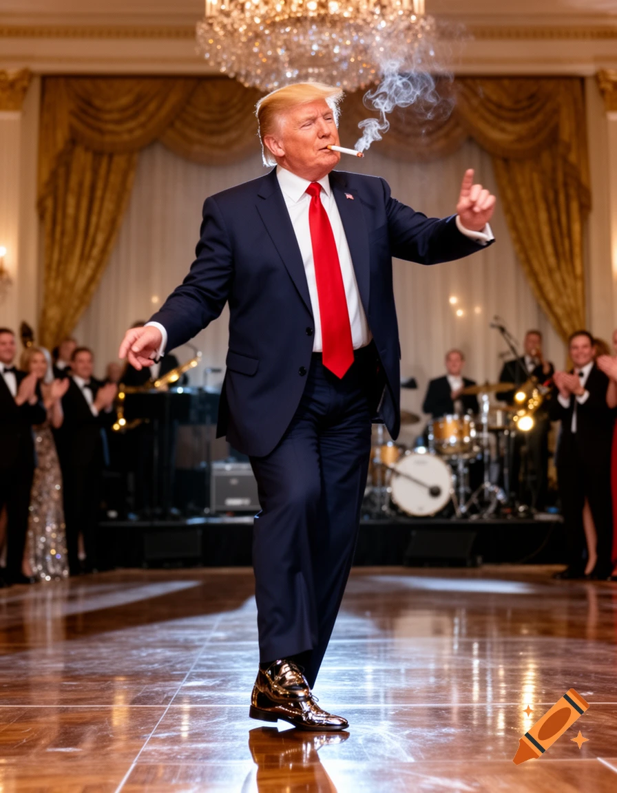 Photorealistic image of Donald Trump dancing and smoking a cigarette in a formal ballroom with guests and a band.