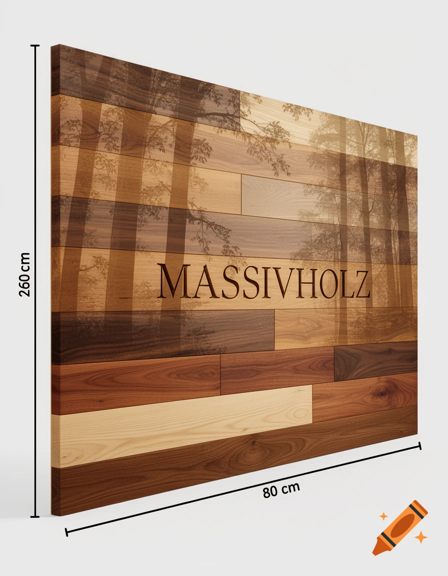 A wooden display board featuring various wood tones arranged horizontally, with tree silhouettes and the text 'MASSIVHOLZ'. Dimensions 260 cm by 80 cm are shown.