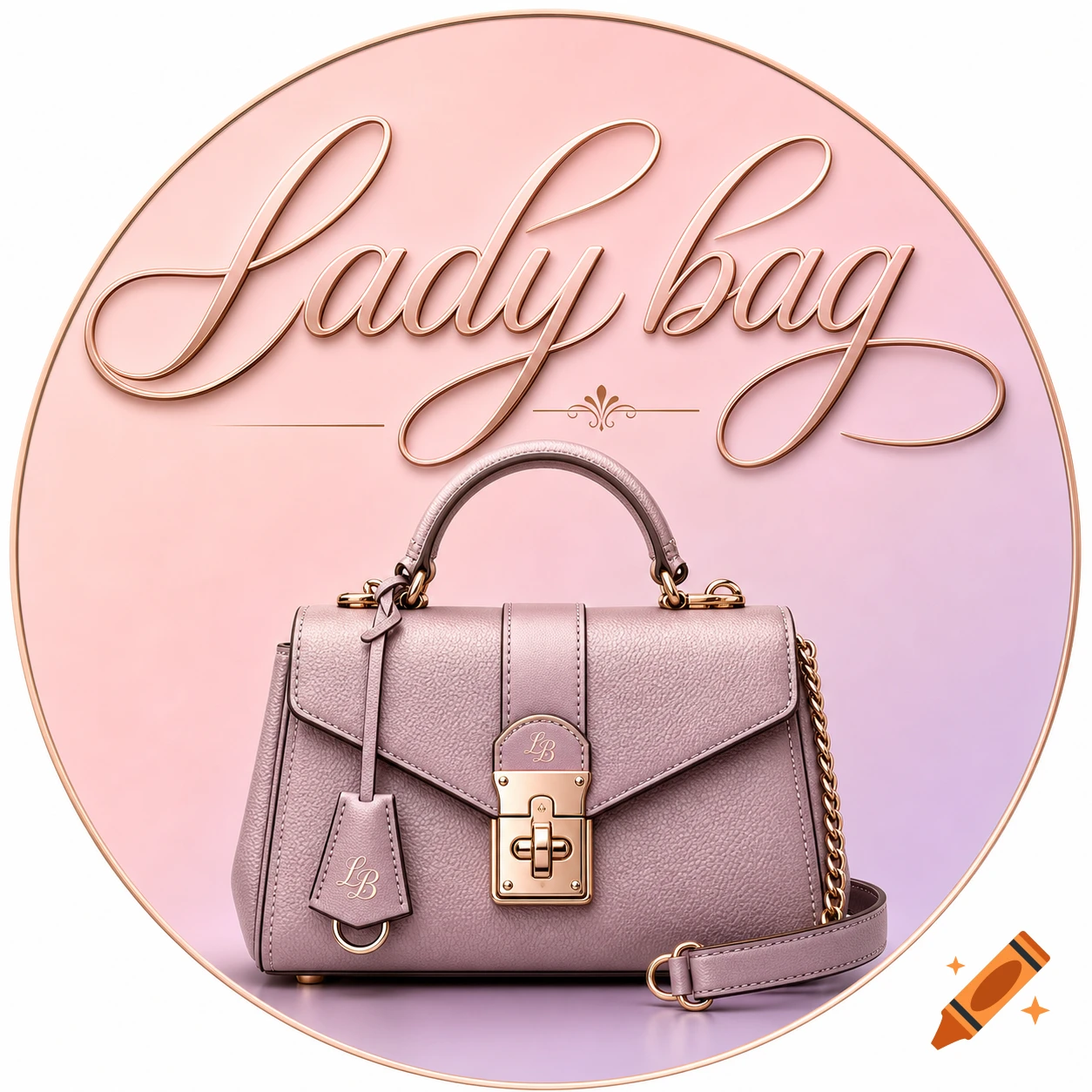 A luxurious pink handbag with gold hardware and 'Lady bag' text in a decorative script on a gradient pink and purple circular background.