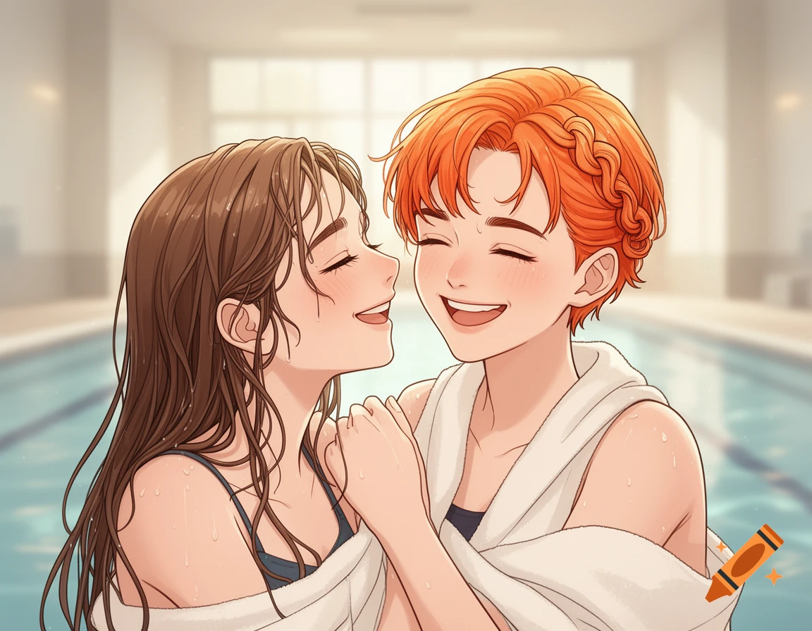 Two smiling anime girls, one with long brown hair and one with short orange hair, wrapped in white towels by an indoor swimming pool.