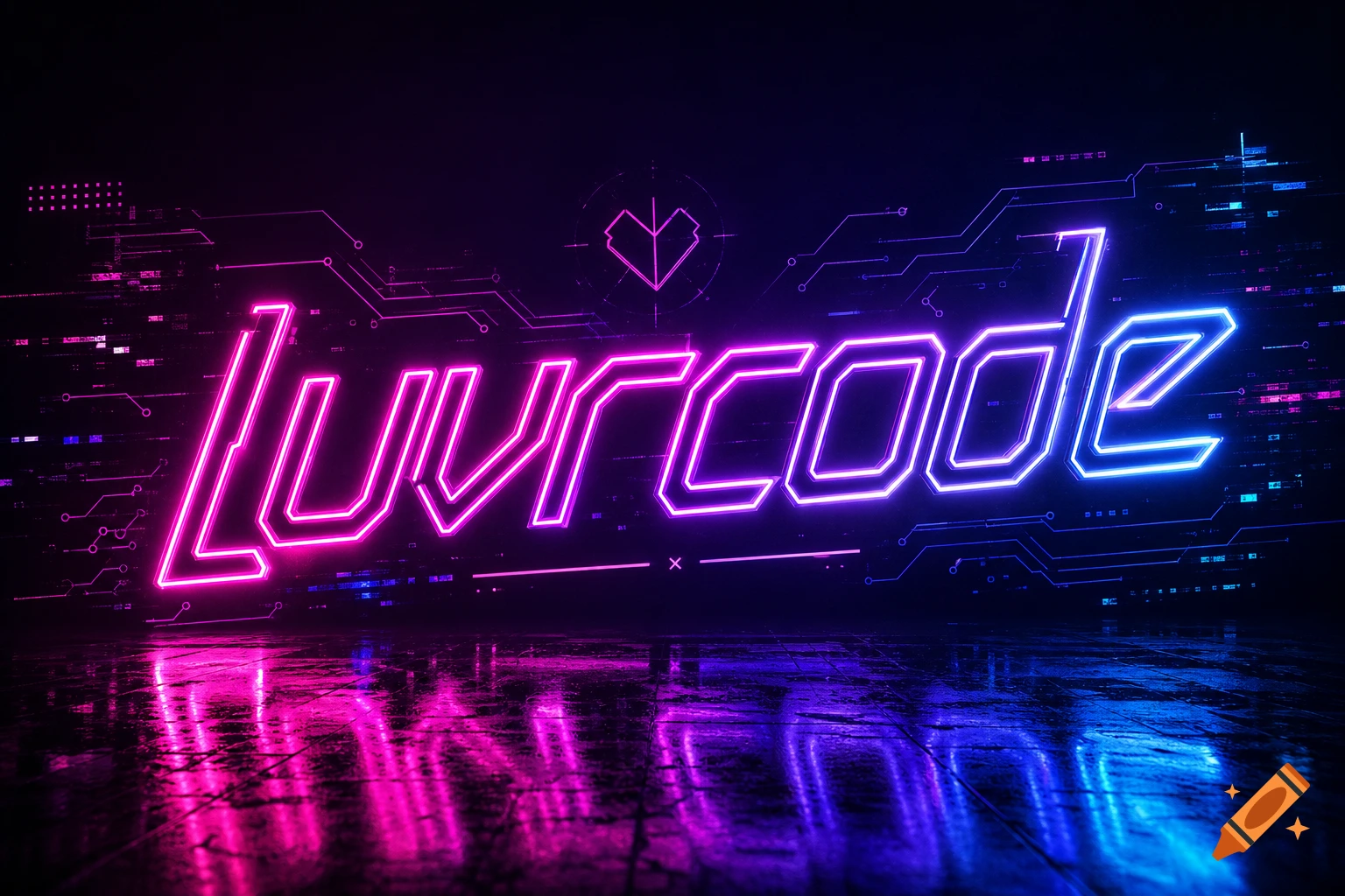 Neon sign for 'luvrcode' in glowing pink and blue, against a dark, futuristic background with circuit patterns.