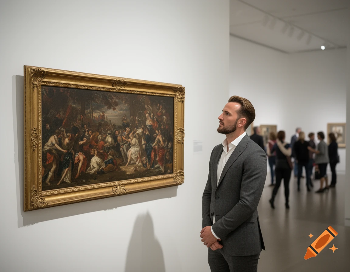 A man in a suit stands in a brightly lit art museum, looking intently at a large, ornate classical painting.
