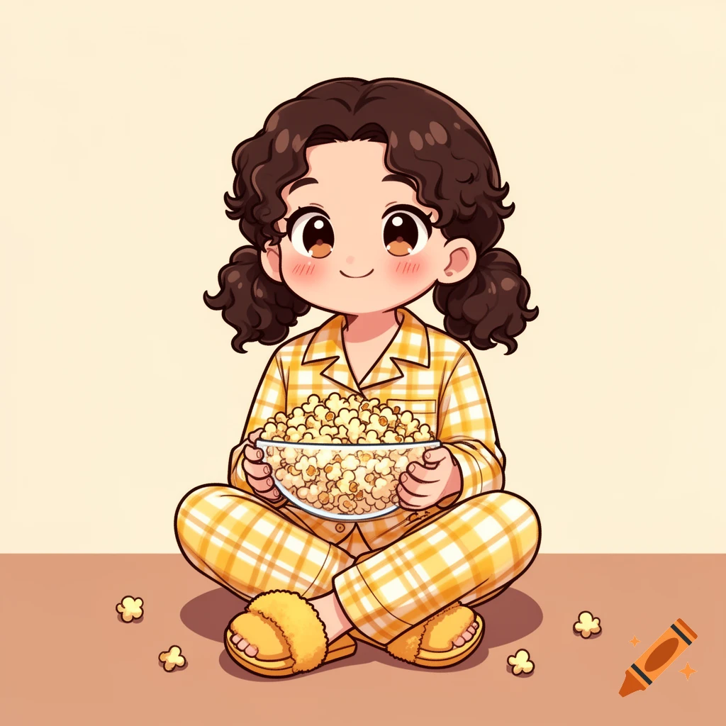 Kawaii anime girl with dark curly pigtails, wearing yellow plaid pajamas and fuzzy slippers, sitting cross-legged and eating popcorn.