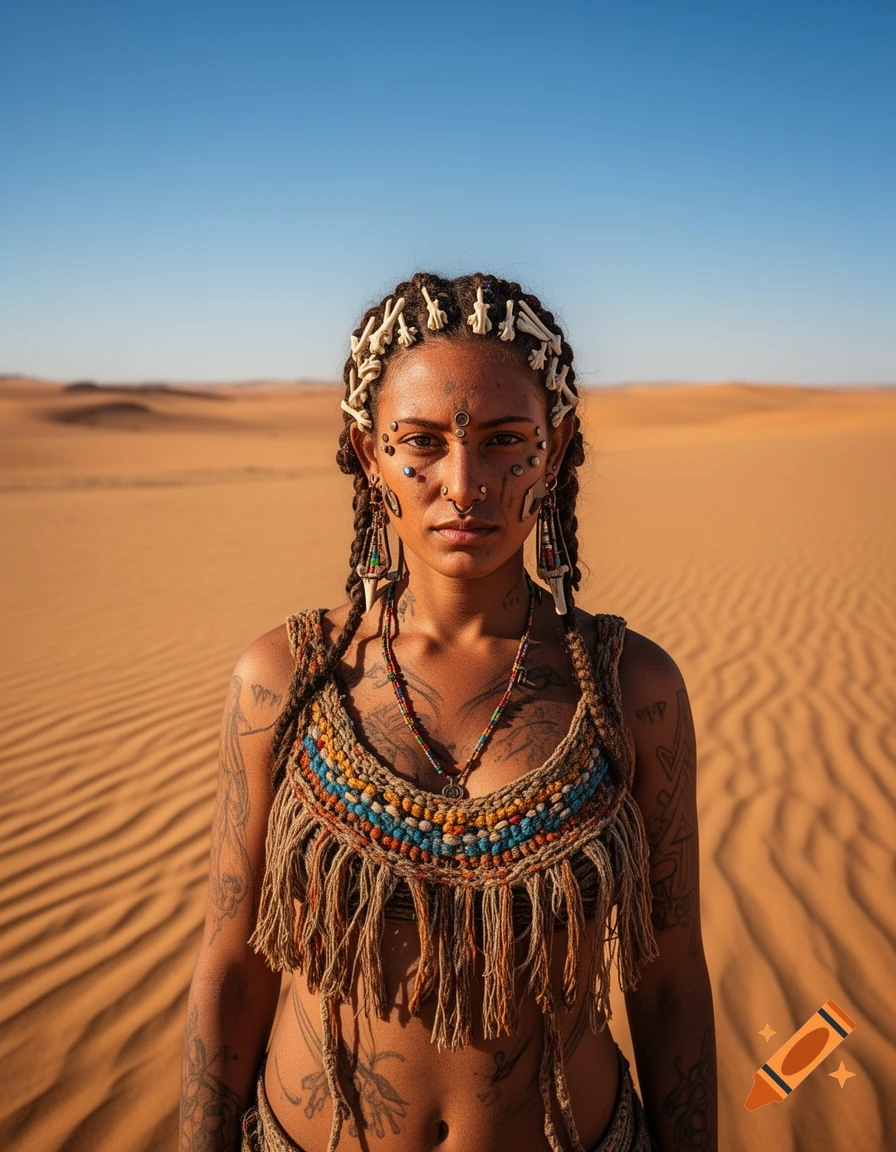 Photorealistic portrait of a woman with braided hair, bones, piercings, and tattoos, wearing a fringe top in a desert landscape.