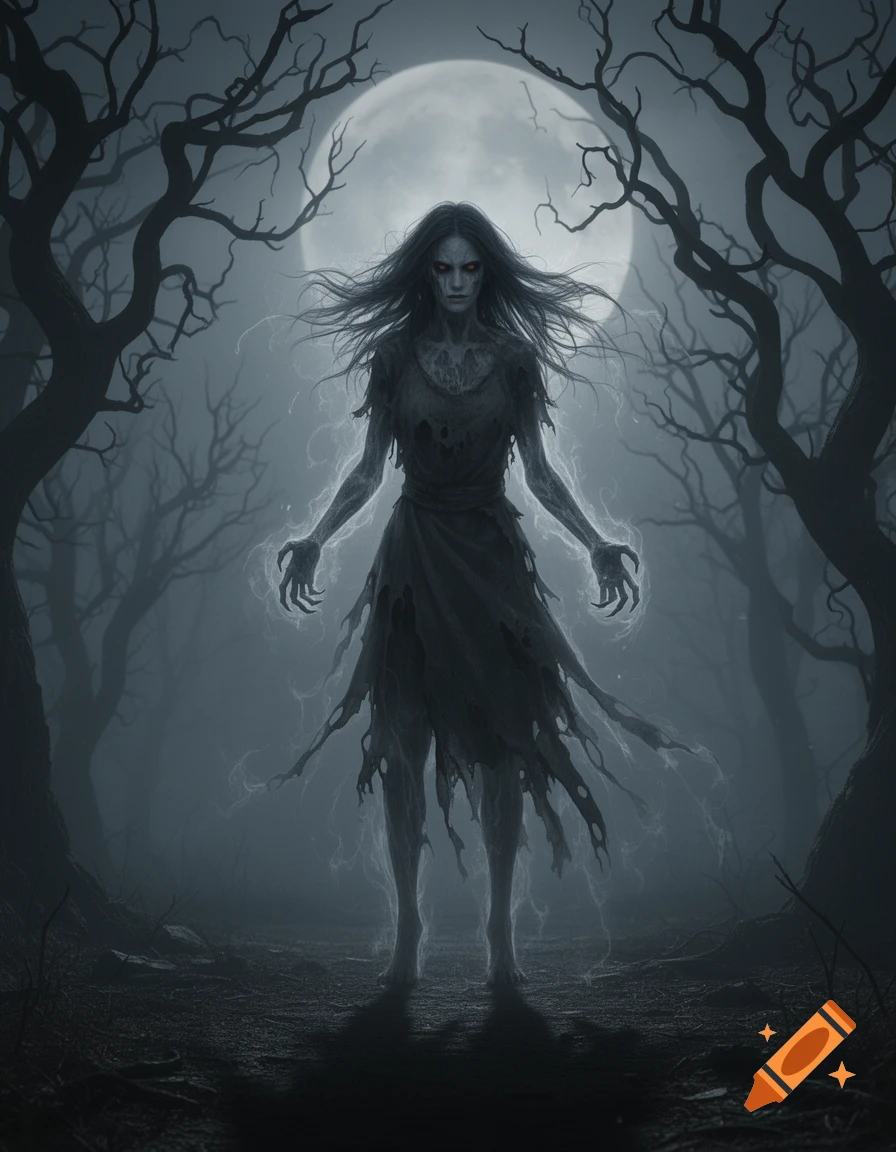 A ghostly woman with glowing red eyes and tattered clothes stands in a dark, eerie forest under a full moon.