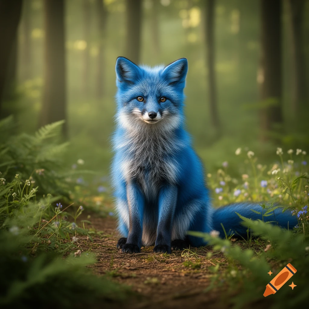 A striking blue fox with white and black markings sits on a forest path, looking directly at the viewer. Lush green foliage surrounds it.