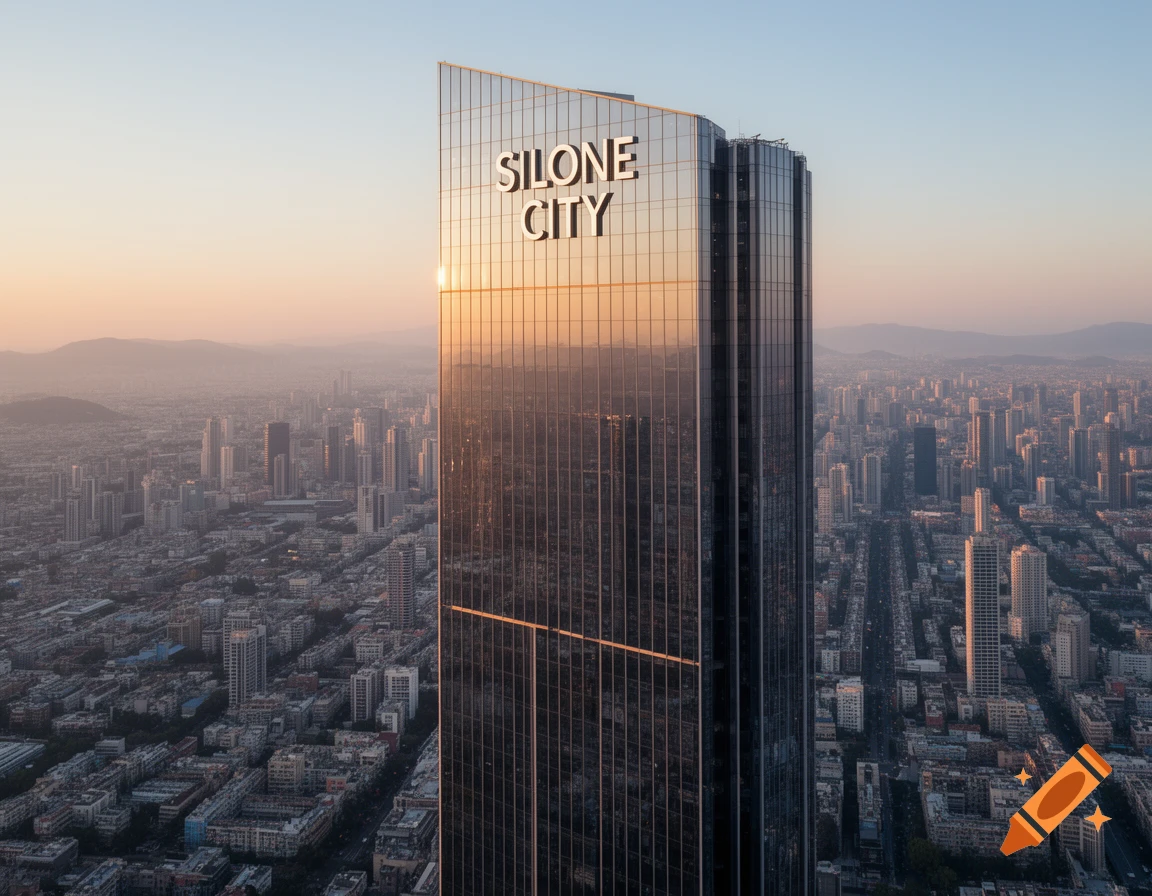 Photorealistic aerial view of a modern skyscraper named SILONE CITY, reflecting the sunset sky over a vast city.