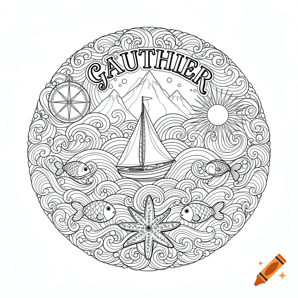 Black and white coloring page of a nautical mandala with a sailboat, waves, compass, sun, fish, starfish, and 'GAUTHIER'.