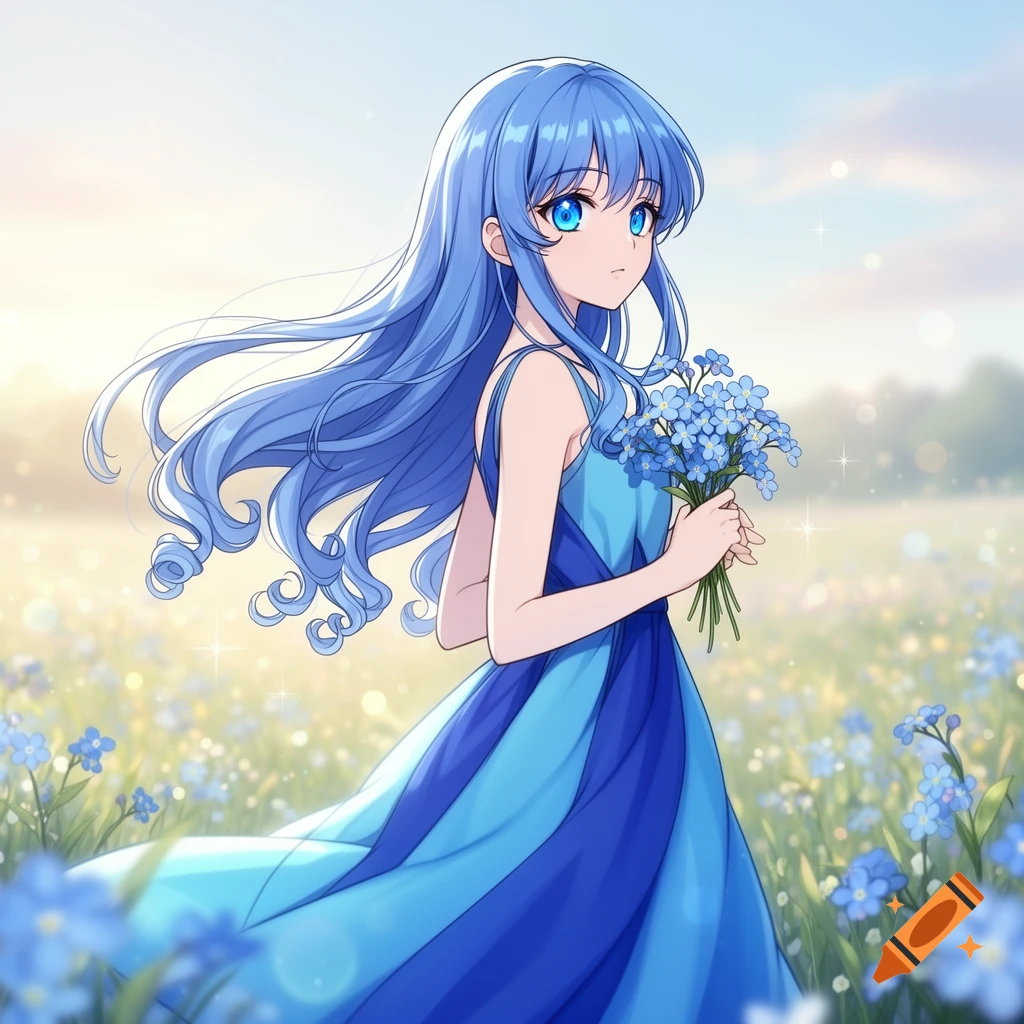 Anime girl with long blue hair and blue eyes, wearing a blue dress, standing in a sunny field holding a bouquet of blue flowers.