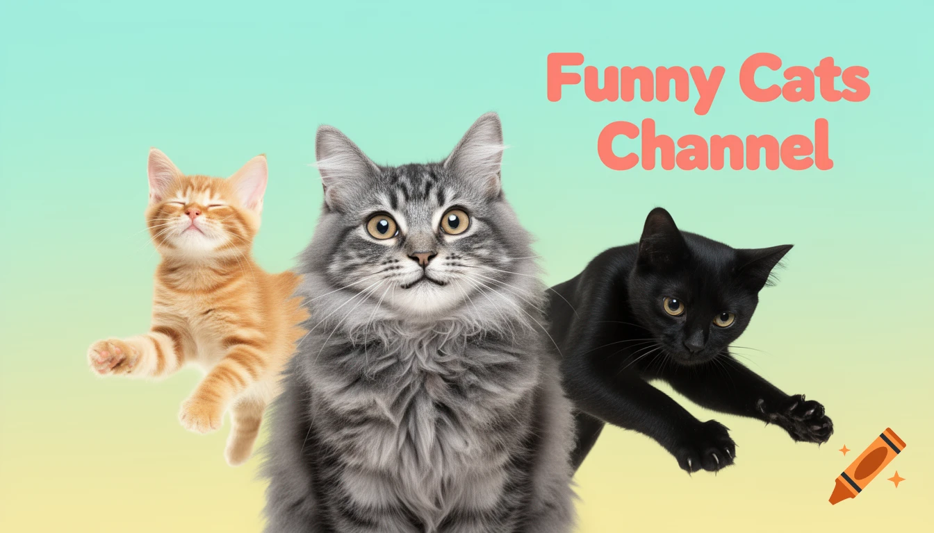 A ginger cat, a grey tabby cat, and a black cat pose playfully on a blue and yellow gradient background with 'Funny Cats Channel' text.
