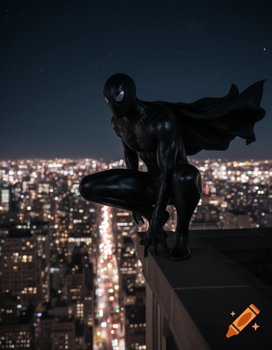 Black Suit Spider-Man crouched on a skyscraper ledge overlooking a bustling city at night, photorealistic style.