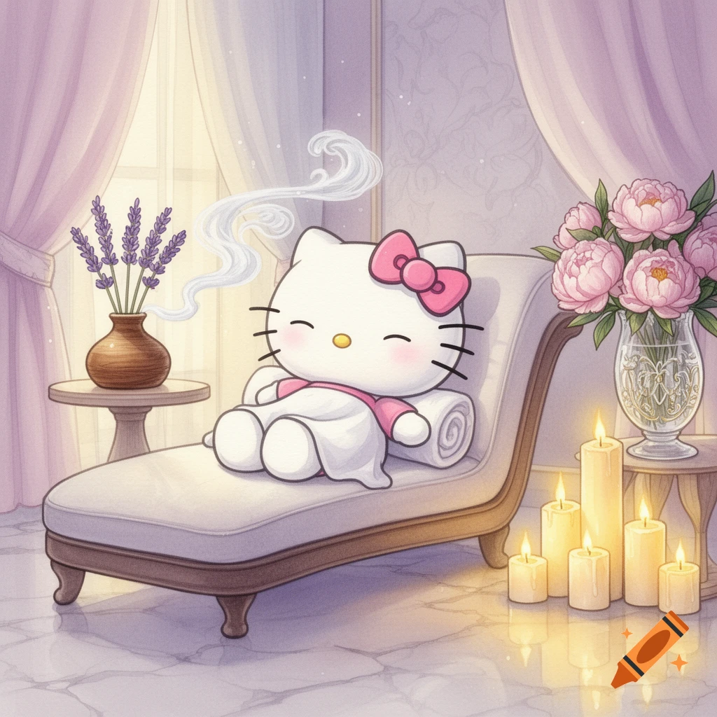 Hello Kitty relaxes on a chaise lounge in a tranquil spa room with lavender, peonies, and candles.