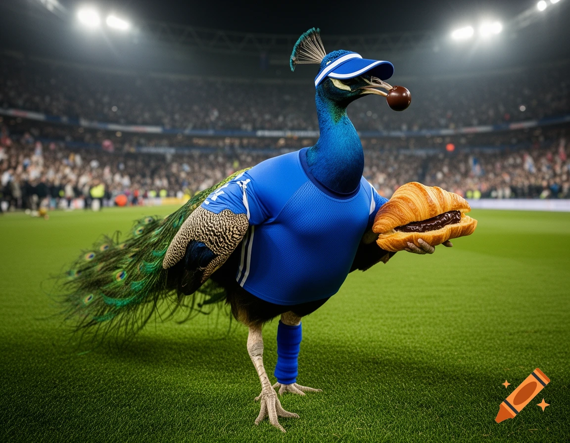 A photorealistic peacock wearing a blue sports jersey and cap holds a chocolate croissant, standing on a soccer field in a stadium.