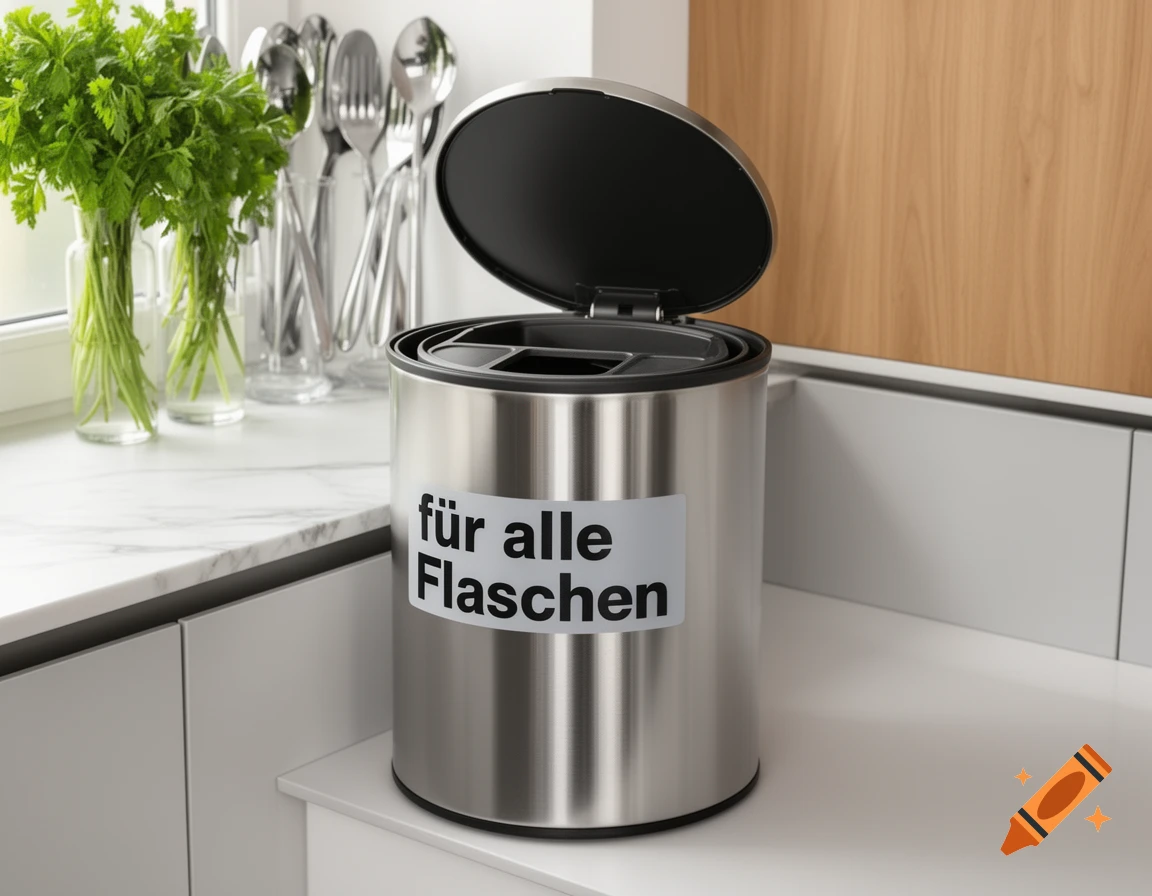 Photorealistic image of a stainless steel recycling bin with 'f ür alle Flaschen' written on it, sitting on a white kitchen counter.