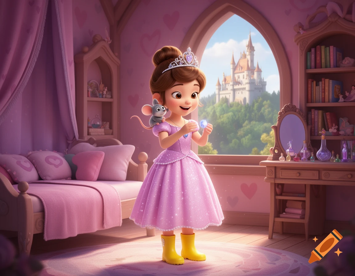 A cute 3D Pixar princess in a pink dress and yellow boots with a mouse on her shoulder, holding a glowing gem in her magical bedroom with a castle view.