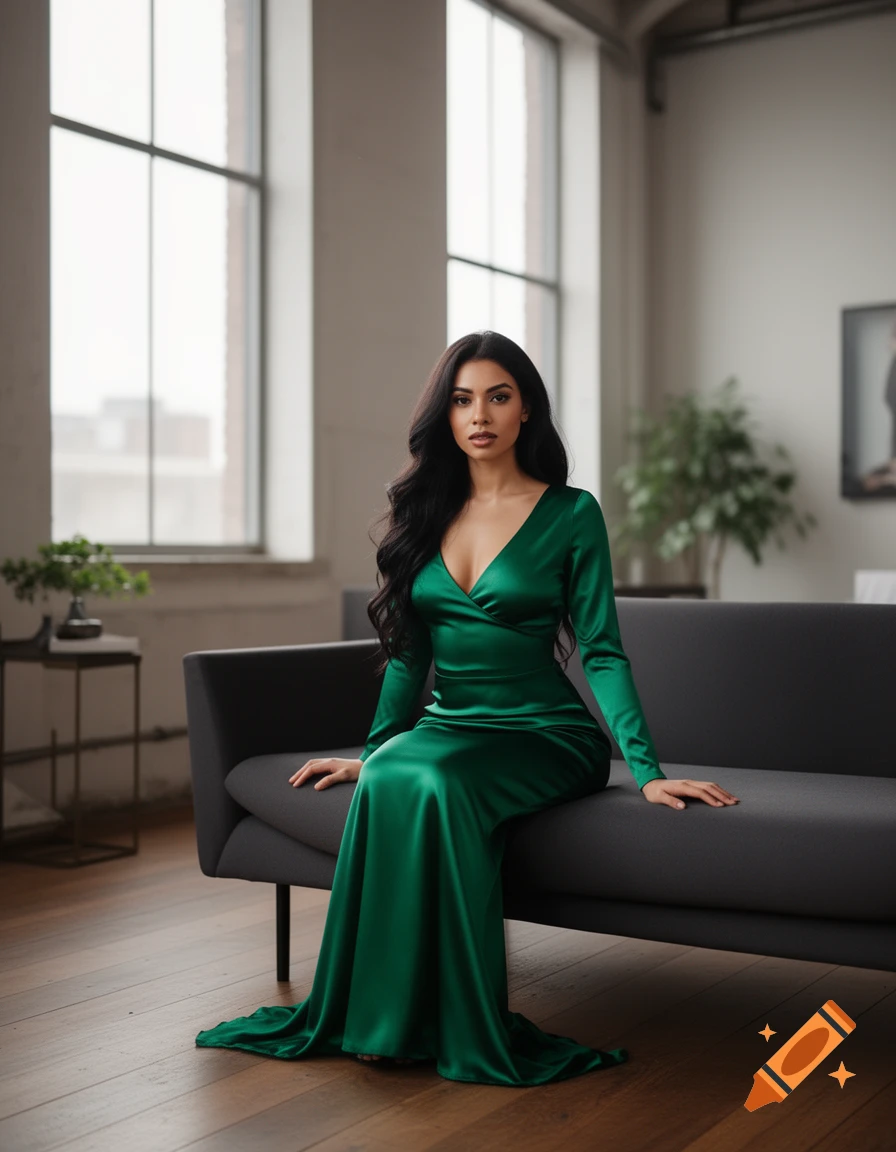 A photorealistic image of a woman in a flowing emerald green satin gown sitting on a dark gray sofa in a modern loft with large windows.