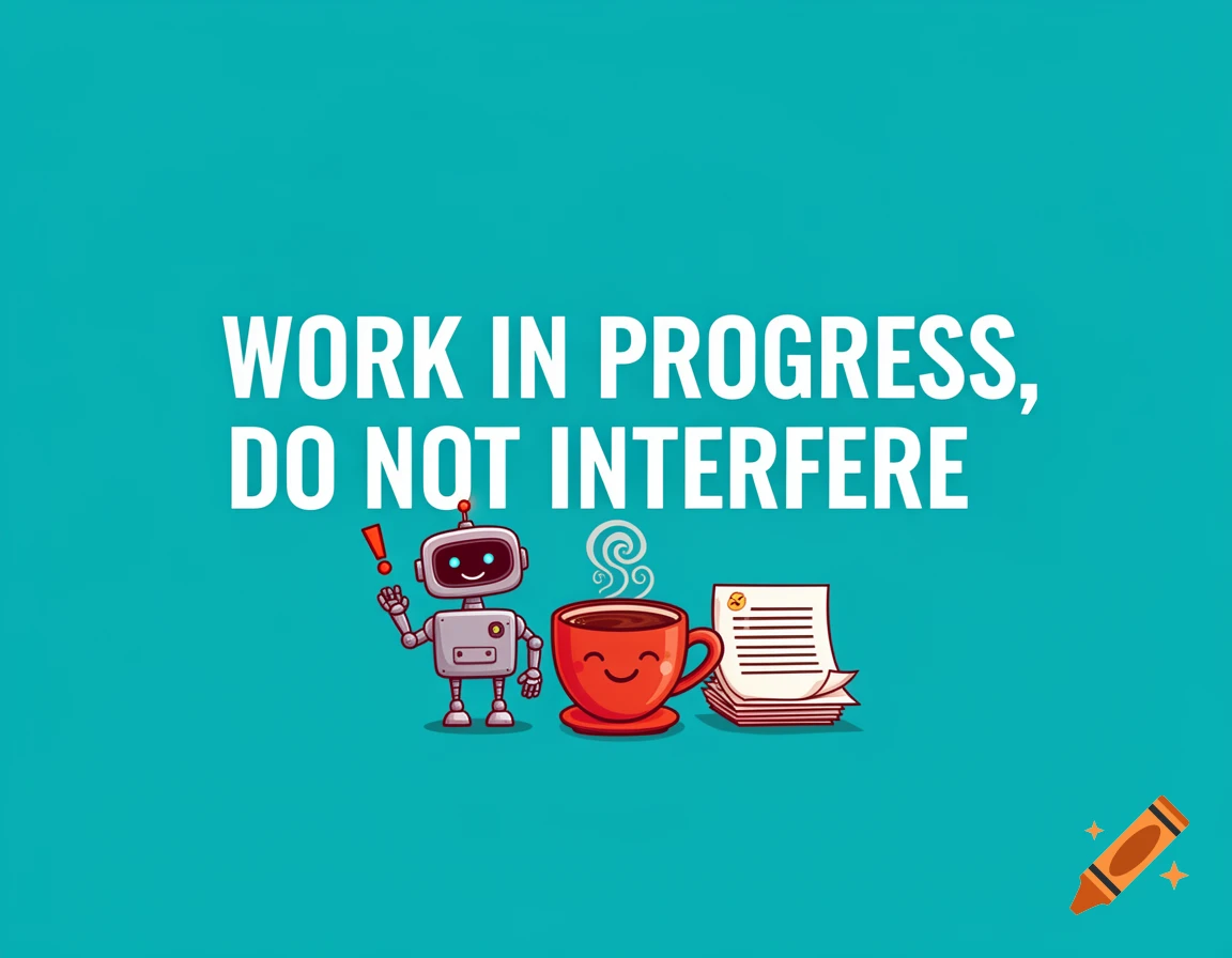 A cute robot, a steaming coffee cup, and papers accompany the text 'WORK IN PROGRESS, DO NOT INTERFERE' on a teal background in a cartoon style.