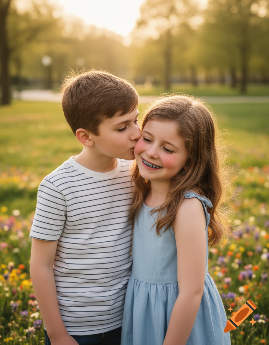 A young boy kisses a smiling girl with braces on the cheek in a sunny field of wildflowers, photorealistic.