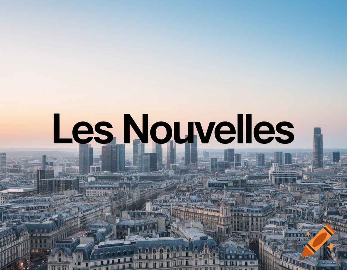 Photorealistic aerial view of a city at sunrise with 'Les Nouvelles' in bold black text across the sky.