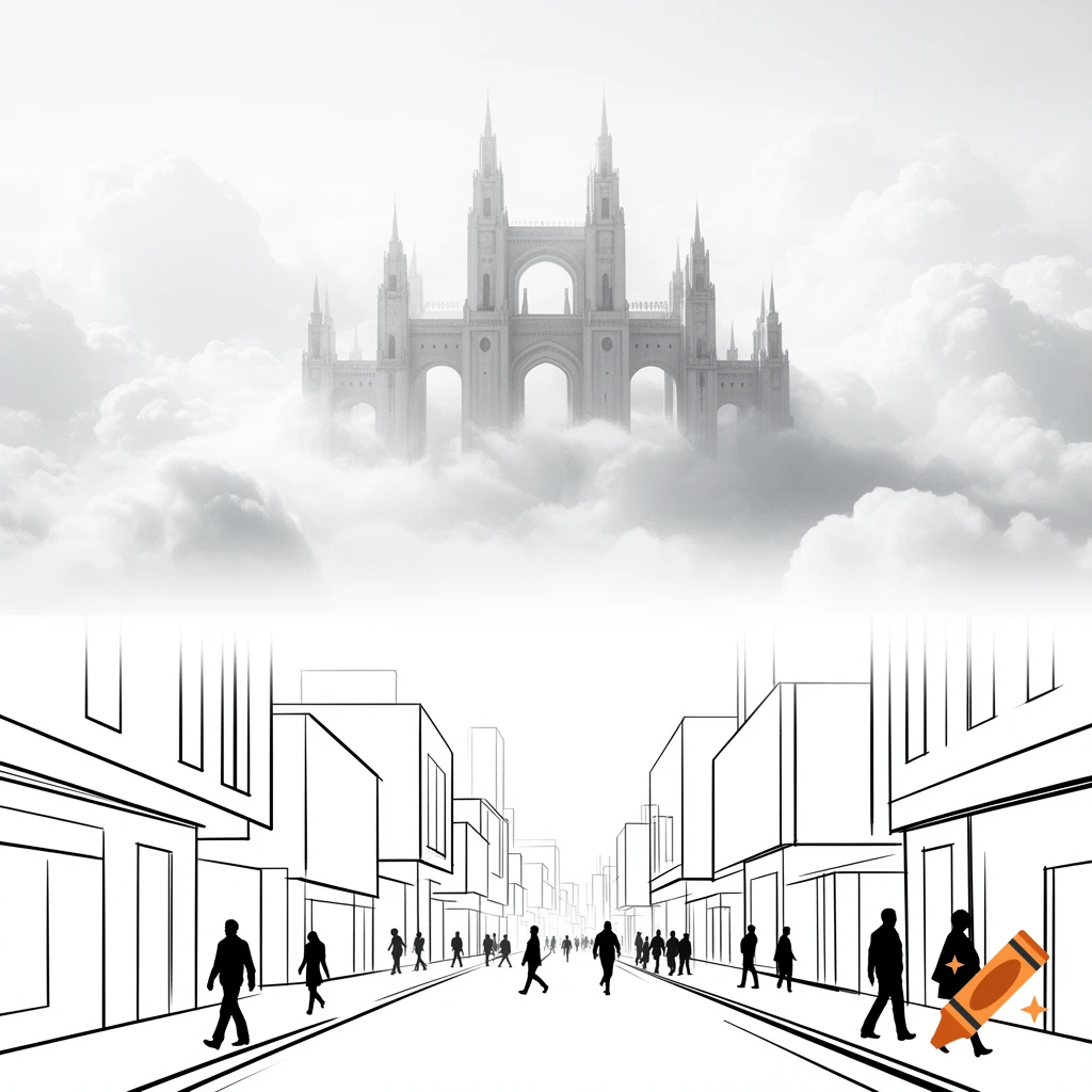 Black-and-white image split in two: an ethereal palace floats among clouds above a bustling city street with silhouetted people.