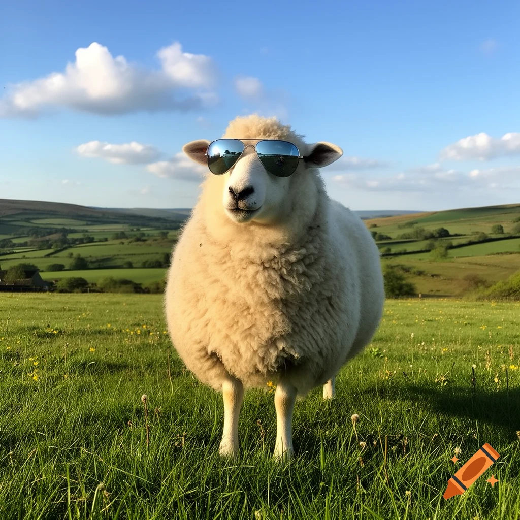 A fluffy white sheep wearing mirrored sunglasses stands in a vibrant green field under a clear blue sky.