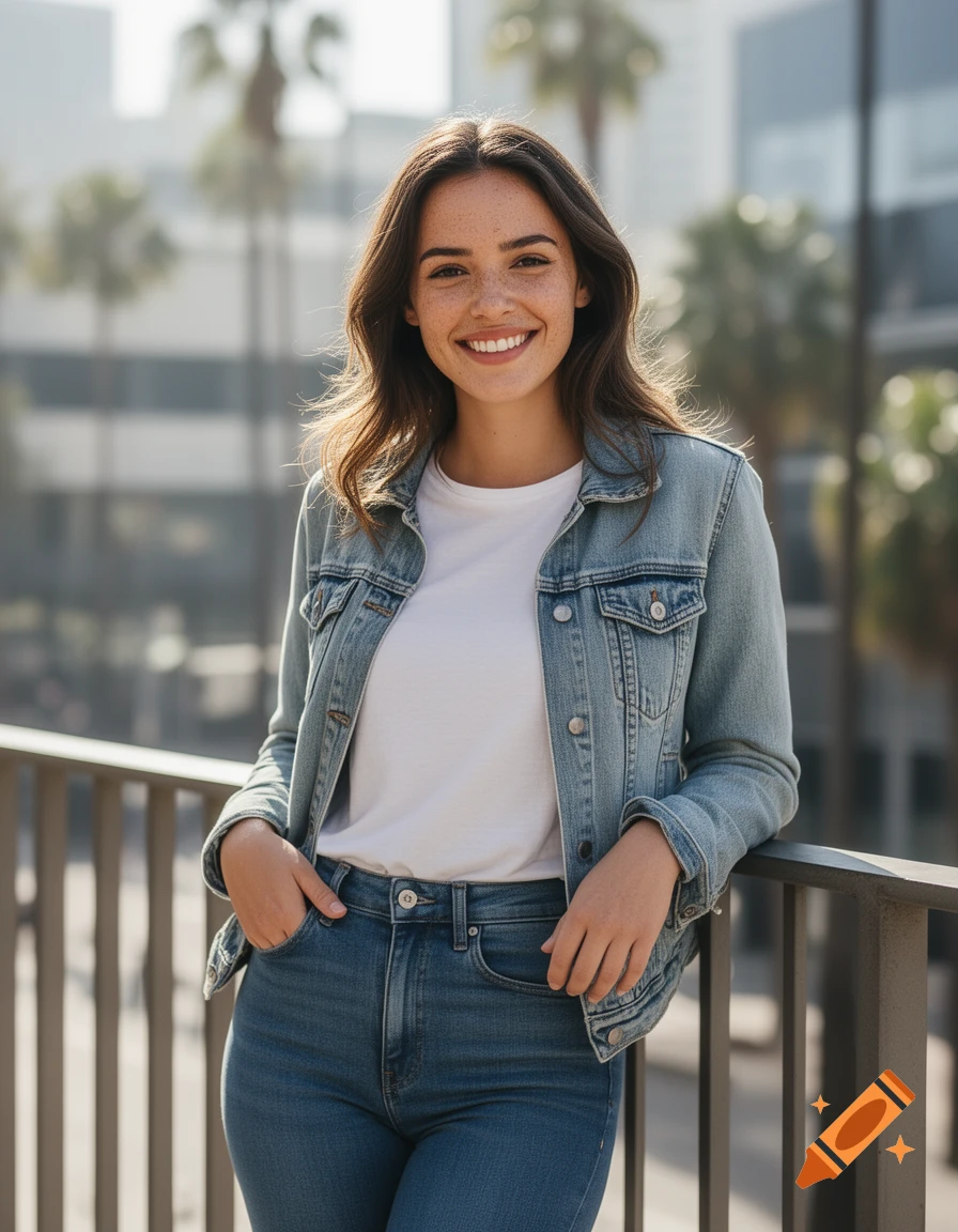 Photorealistic candid shot of a smiling young woman with freckles, wearing a denim jacket and jeans, leaning on a railing outdoors.