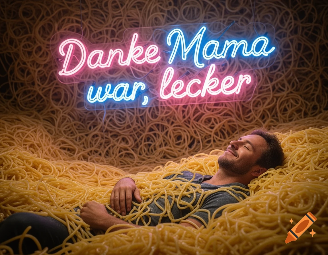 A man blissfully lies in a giant pile of spaghetti under a neon sign that reads "Danke Mama war, lecker" (Thanks Mom, it was delicious).