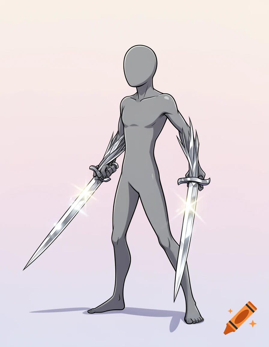 A cartoon-style grey humanoid figure with no facial features, standing with swords extending from its forearms on a light gradient background.