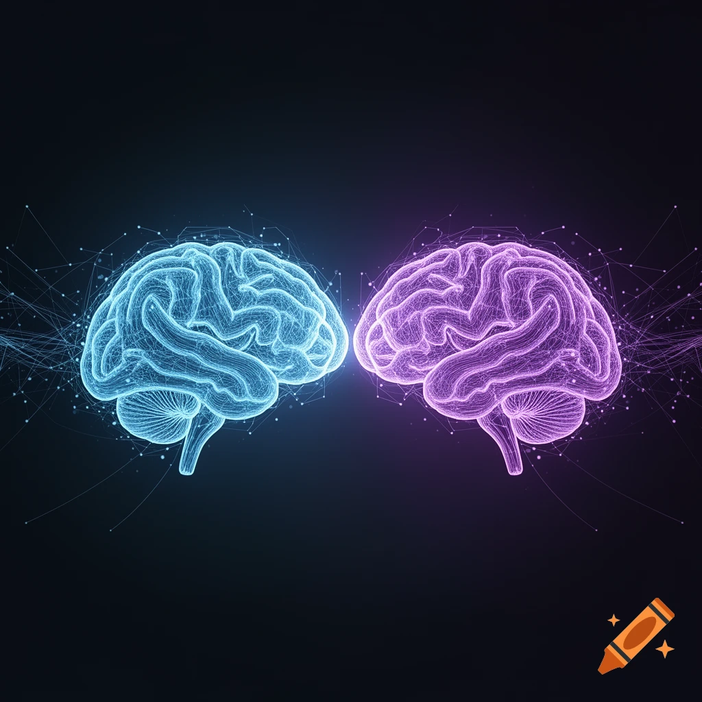 Two glowing blue and purple digital wireframe brains facing off, connected by neural network lines, on a dark background.