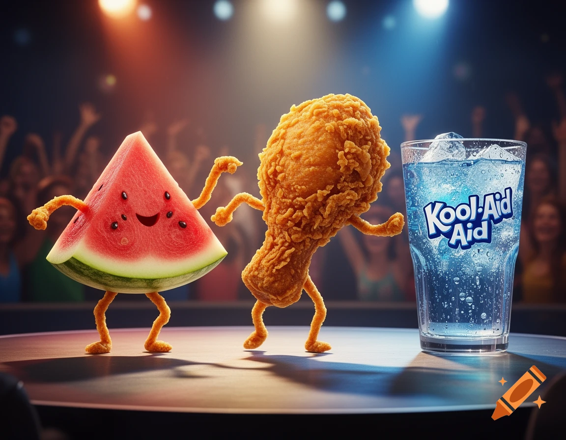 A dancing slice of watermelon, a fried chicken leg, and a glass of Kool-Aid on a stage with a crowd, lit by spotlights.