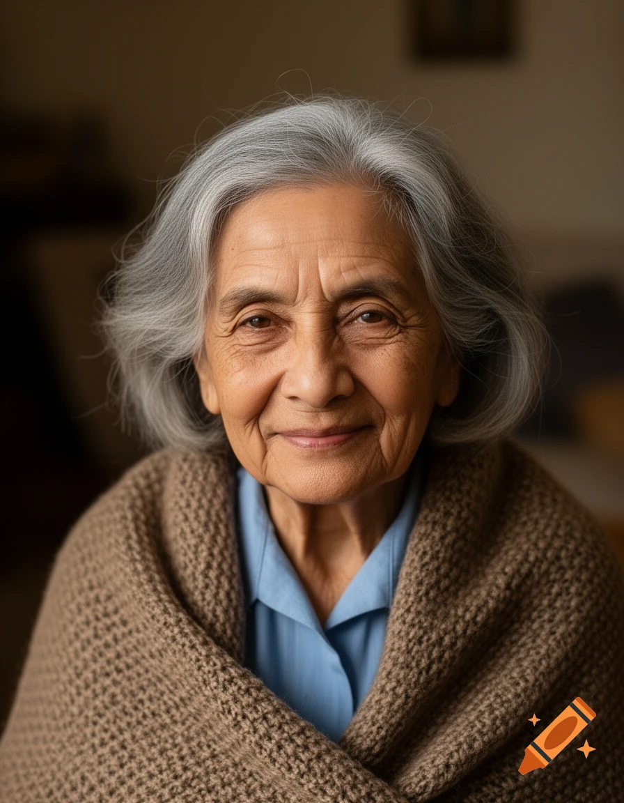 Photorealistic close-up portrait of a smiling elderly woman with gray hair and wrinkles, wearing a blue shirt and brown knitted shawl.